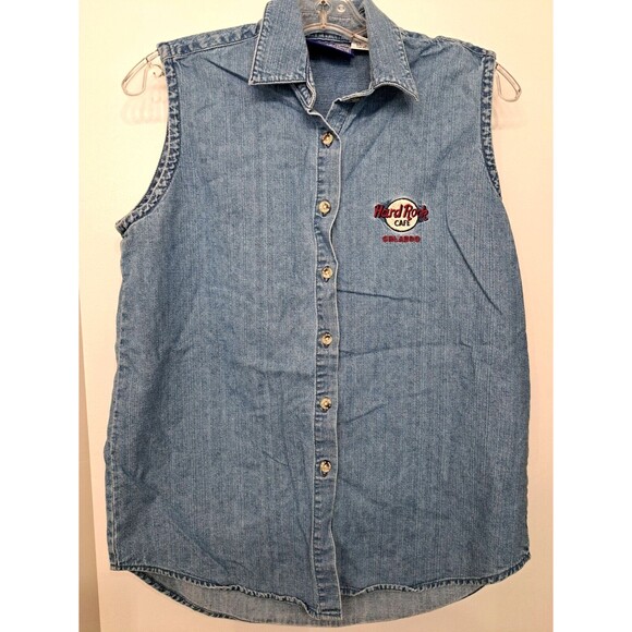 Hard Rock Cafe ORLANDO Sleeveless Denim Button-Up Women's Shirt Embroidered L - Picture 1 of 8